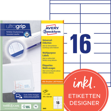 AVERY ZWECKFORM Etichette 105×33,8mm 3665 bianco 1600 pz./100 fogli