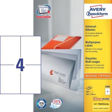 AVERY ZW. Universal - Etiketten 105x148mm 3483 weiss, A4 100Bl. / 4Stk.