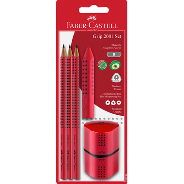 FABER-CASTELL Crayon, Gomme, Taille-crayon B 580022 Grip 2001 set, rouge