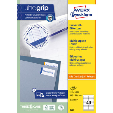 AVERY ZWECKFORM Etich. universali 48,5x25,4mm 3657 bianco 4000 pz./100 fogli