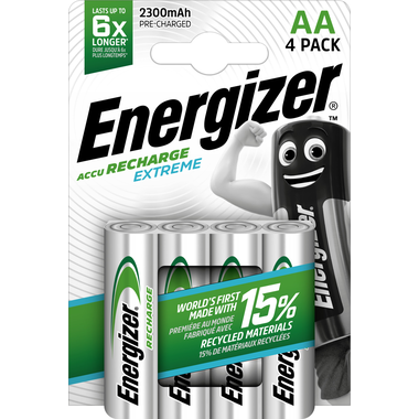 Energizer NiMH Akku Extreme (AA) 2300 mAh, 4 Stk 4-Packung Energizer Accu Recharge Extreme wiederaufladbare AA-Batterien, vorgeladen, Mignon NiMH-Akku (HR6)
