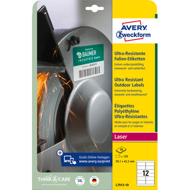 AVERY ZWECKFORM Etiketten 99,1x42,3mm L7913-10 weiss,ultra-resistent 10 Blatt