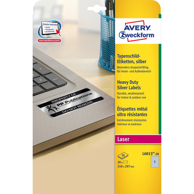 AVERY ZWECKFORM Typenschild-Etik. 210x297mm L6013-20 silber,Laser 20 St./20 Blatt