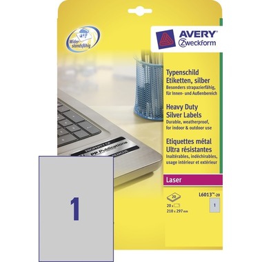 AVERY ZWECKFORM Typenschild-Etik. 210x297mm L6013-20 silber,Laser 20 St./20 Blatt