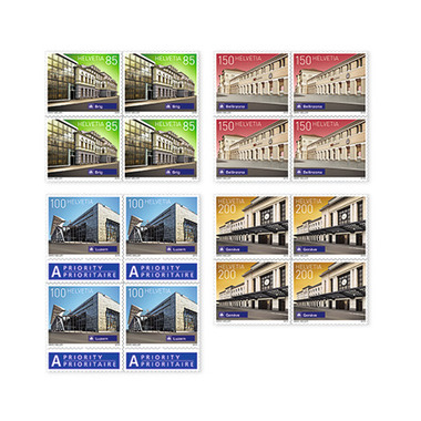 Viereblock-Serie «Schweizer Bahnhöfe» Viererblock-Serie (16 Marken, Taxwert CHF 21.40), selbstklebend, ungestempelt