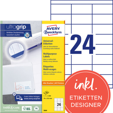 AVERY ZWECKFORM Etichette 70×33,8mm 3664 bianco 2400 pz./100 fogli