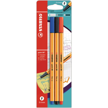 STABILO Fineliner Point 88 B-10213-10 schwarz/blau/rot, 3 Stück