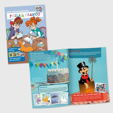 «Phila & Franco» Briefmarkenset für Kinder, 1/22 Briefmarkenset für Kinder, 8 Briefmarken (4 gestempelt, 4 ungestempelt), 3 Postkarten