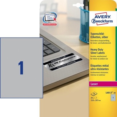 AVERY ZWECKFORM Typenschild-Etik. 210x297mm L6013-20 silber,Laser 20 St./20 Blatt