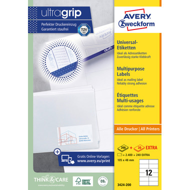 AVERY ZWECKFORM Etiketten 105x48mm 3424-200 weiss 2640 Stk./200+20 Blatt