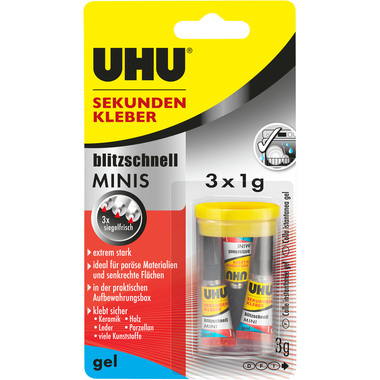 UHU Adesivo istantaneo 33155 gel, MINIS 3 x 1g