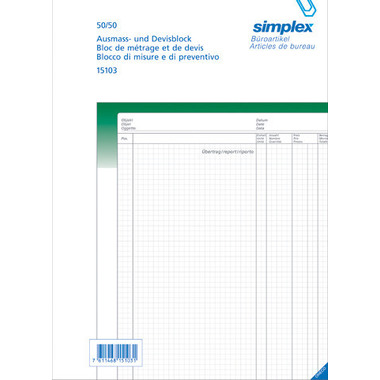 SIMPLEX Ausmassbuch A4 15103 grün/weiss 50x2 Blatt