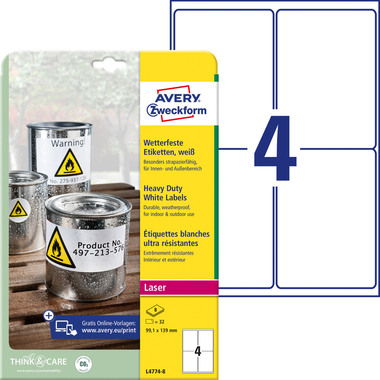 AVERY ZWECKFORM Etichette laser 99,1x139mm L47748 white, weather pr. 8 fogli