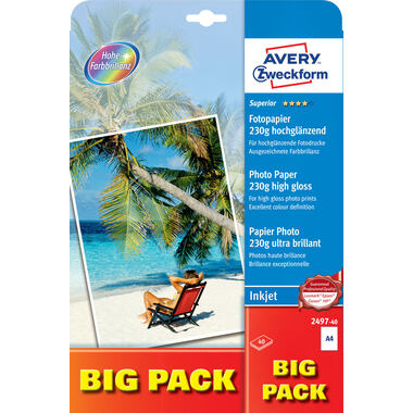 AVERY ZWECKFORM InkJet Fotopapier A4 2497-40 230g,glossy, weiss 40 Blatt