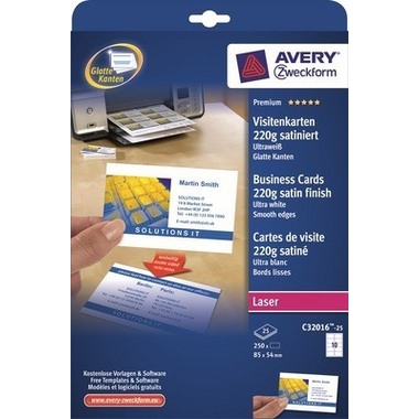 AVERY ZWECKFORM Carte de visite re./ve.85x54mm C32016-25 Laser,220g,blanc 25f./10pcs.