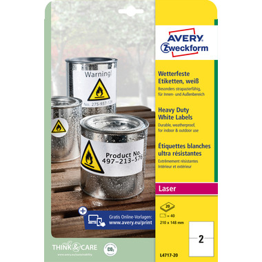 AVERY ZWECKFORM Etichette laser 210x148mm L471720 white, weather pr. 20 fogli