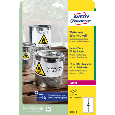 AVERY ZWECKFORM Etiketten Laser 99,1x139mm L47748 weiss, wetterfest 8 Blatt