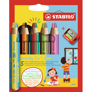 STABILO Farbstifte woody 3in1 882/05-2 Duo, Spitzer 5 Stück