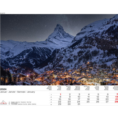 CALENDARIA Schweiz-Suiss-Svizzera-Swiss 43494590 D/F/I/E, 40x31cm 2024