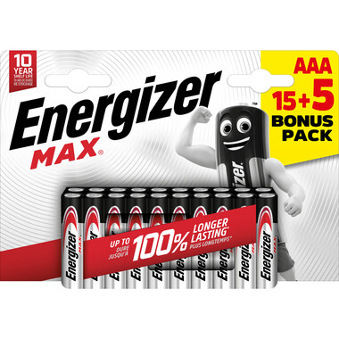 Energizer Batterie Max Micro (AAA), 15+5 Stk 20-Packung Energizer Max AAA-Batterie, Micro Alkali-Batterien (LR03)