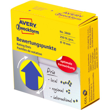 AVERY ZWECKFORM Bewertungspunkte Pfeil 19mm 3860 gelb, Spender 250 Stück