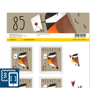 Briefmarken CHF 0.85 «Vogel», Bogen mit 10 Marken Bogen Spezielle Anlässe, selbstklebend, ungestempelt