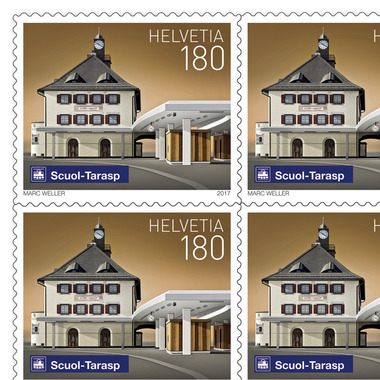 Briefmarken CHF 1.80 «Scoul», Bogen mit 10 Marken Bogen Schweizer Bahnhöfe, selbstklebend, ungestempelt