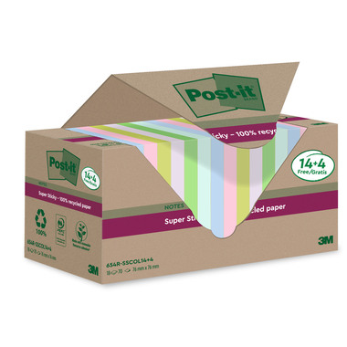 POST-IT SuperSticky Notes 76x76mm 654 RSSCOL 14+4F Recycling,assort. 18x70 Blatt