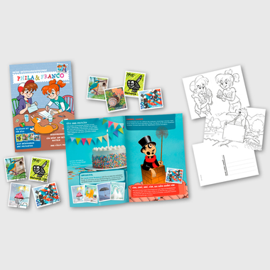 «Phila & Franco» Briefmarkenset für Kinder, 1/22 Briefmarkenset für Kinder, 8 Briefmarken (4 gestempelt, 4 ungestempelt), 3 Postkarten