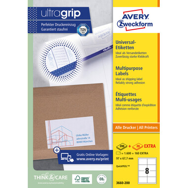 AVERY ZWECKFORM Etiketten 97×67,7mm 3660-200 weiss 1760 Stk./200+20 Blatt