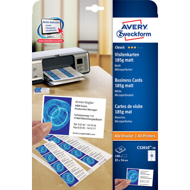 AVERY ZWECKFORM Prof. Visitenkarten Univer. A4 C32010-10 185g matt 10 Blatt
