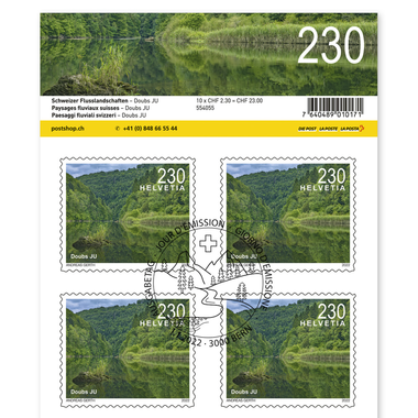 Briefmarken CHF 2.30 «Doubs JU», Bogen mit 10 Marken Bogen «Schweizer Flusslandschaften», selbstklebend, gestempelt