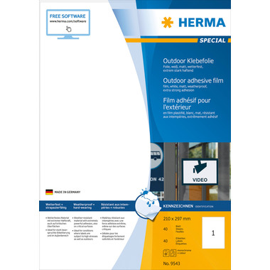 HERMA Folienetiketten 210x297mm 9543 weiss,PP matt 40 Stk./40 Bl.