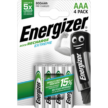 Energizer NiMH Akku Extreme (AAA) 800 mAh, 4 Stk 4-Packung Energizer Accu Recharge Extreme wiederaufladbare AAA-Batterien, vorgeladen, Micro NiMH-Akku (HR03)