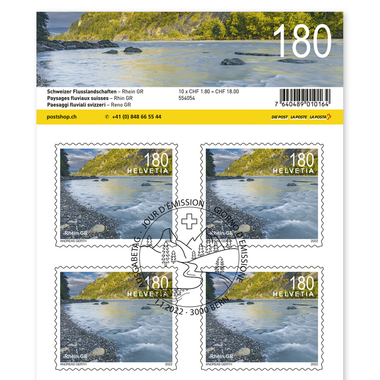 Briefmarken CHF 1.80 «Rhein GR», Bogen mit 10 Marken Bogen «Schweizer Flusslandschaften», selbstklebend, gestempelt