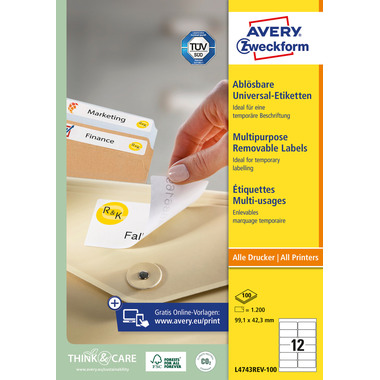 AVERY ZWECKFORM Universaletiketten 99,1x42,3mm L4743REV-100 weiss,non-perm. 1200St./10 B.