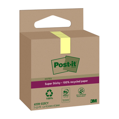 POST-IT SuperSticky Notes 47.6x47.6mm 622 RSS3CY Recycling,giallo 3x70 fogli