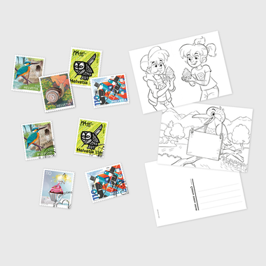 «Phila & Franco» Briefmarkenset für Kinder, 1/22 Briefmarkenset für Kinder, 8 Briefmarken (4 gestempelt, 4 ungestempelt), 3 Postkarten