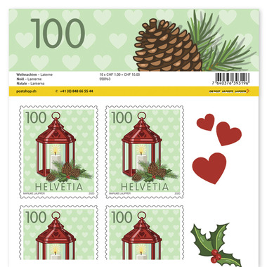 Briefmarken CHF 1.00 «Laterne», Bogen mit 10 Marken Bogen Weihnachten, selbstklebend, ungestempelt