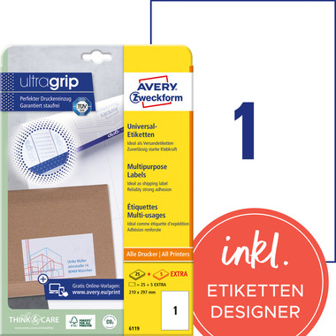AVERY ZWECKFORM Etichette universali 210x297mm 6119 bianco 30 pz./25 + 5 fogli