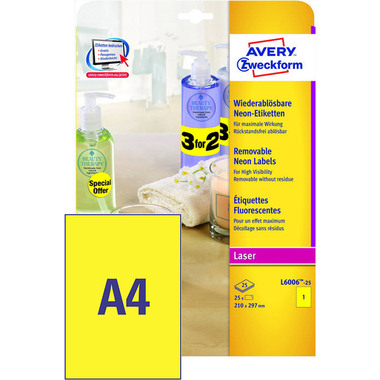 AVERY ZWECKFORM Etichette 210x297mm L6006-25 giallo, non perm. 25pz./25fl.