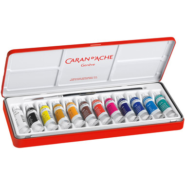 CARAN D'ACHE Deckfarbe Gouache 2001.312 12 Tuben Metallbox, Pinsel